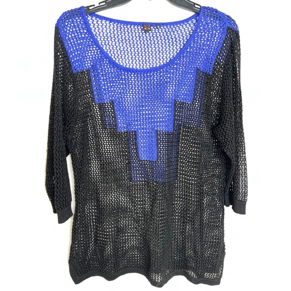 VAVA Women's Sheer Knit Blue Black Geometric Tunic Sweater Top L - Picture 2 of 3